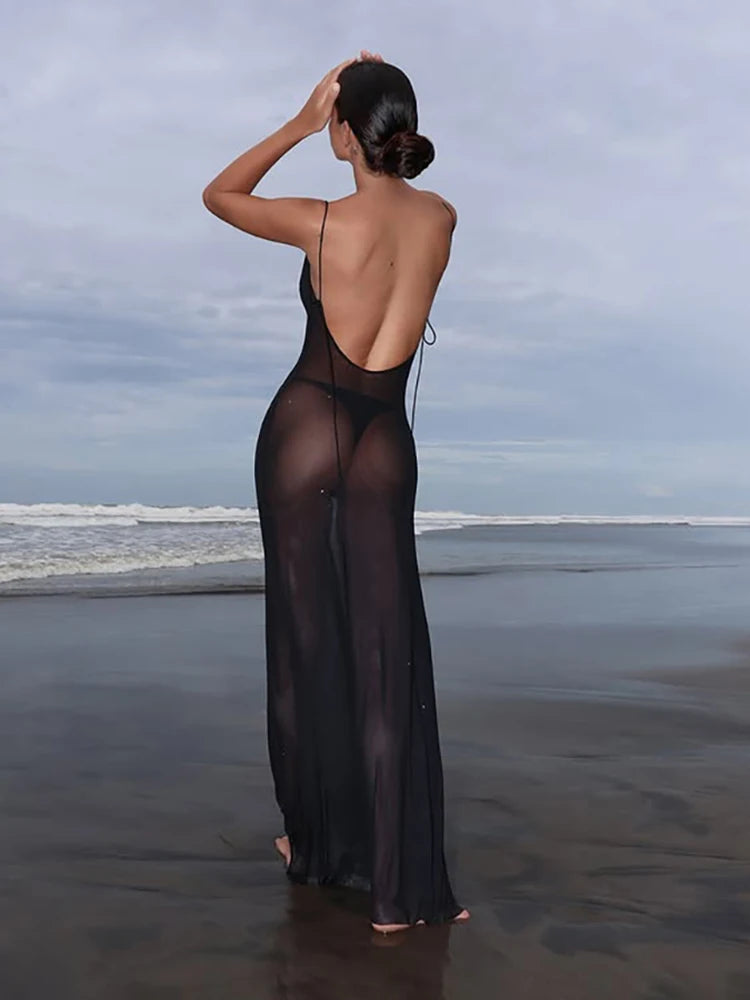 Hnewly  See Through Maxi Dress Women Sexy Sleeveless Skinny Midnight Vacation Beach Clubwear Party Summer Coquette Vestidos