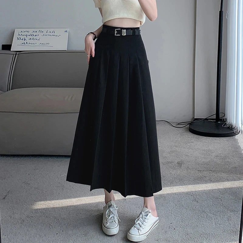 Hnewly  Black Gray High Waist Jk Long Skirts Women Preppy Style with Belt Suit Pleated Skirt Woman Korean Fashion A Line Midi Skirt