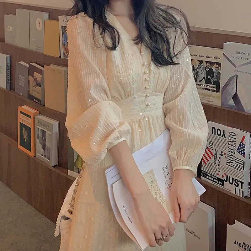 Hnewly New Vintage French Puff Sleeve Midi Dresses for Women Korean Sequins Party Dress V Neck Elegant Fairy Wedding Dress Robe