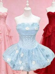Hnewly  Summer New Birthday Banquet Coming-of-Age Gift Sweet Women's Pink Blue Black Apricot Flower Applique Short Puffy Dress