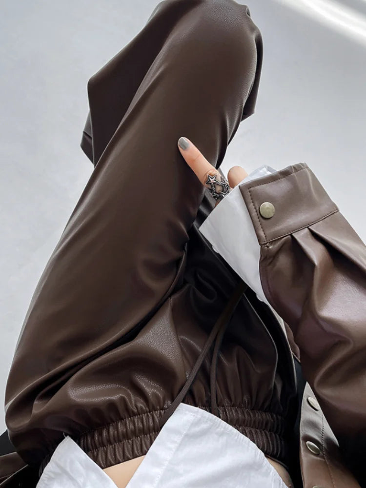 Hnewly Black Wide PU Leather Pants Women Autumn Vintage Elastic High Waist Y2K Harajuku Baggy Straight Trousers
