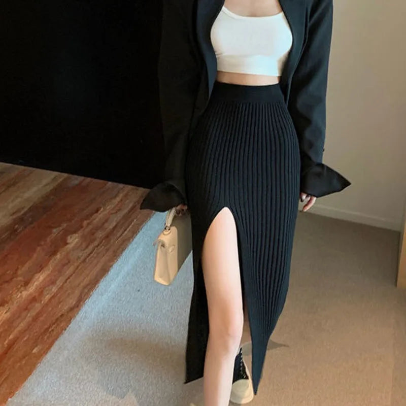 Hnewly skirt outfits winter Sexy Split Bodycon Long Skirt Women Elegant Slim Fit High-Waisted Knitted Skirts Woman Autumn Winter Package Hip Midi Skirt