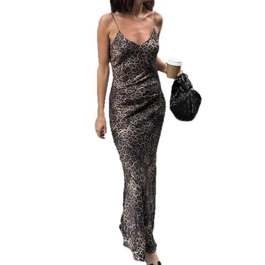 Hnewly Sexy Fashion Leopard Print Women's Summer Backless Slim Long Dress Street Style Women's Clothing