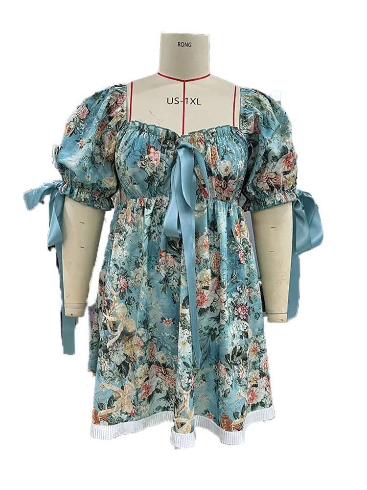 Hnewly  New Plus Size Women's Lace Square Collar Mini Dress With Floral Print Lantern Short Sleeves Dress Party Elegant Evening Dresses