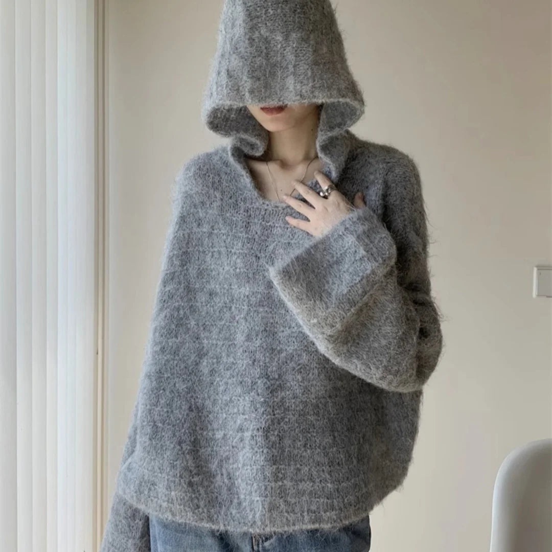 Hnewly  Grey Mohair Knit Hooded Sweater for Women Loose Bell-Sleeve Pullover Hoodie Female Autumn Winter Casual Chic Outfit