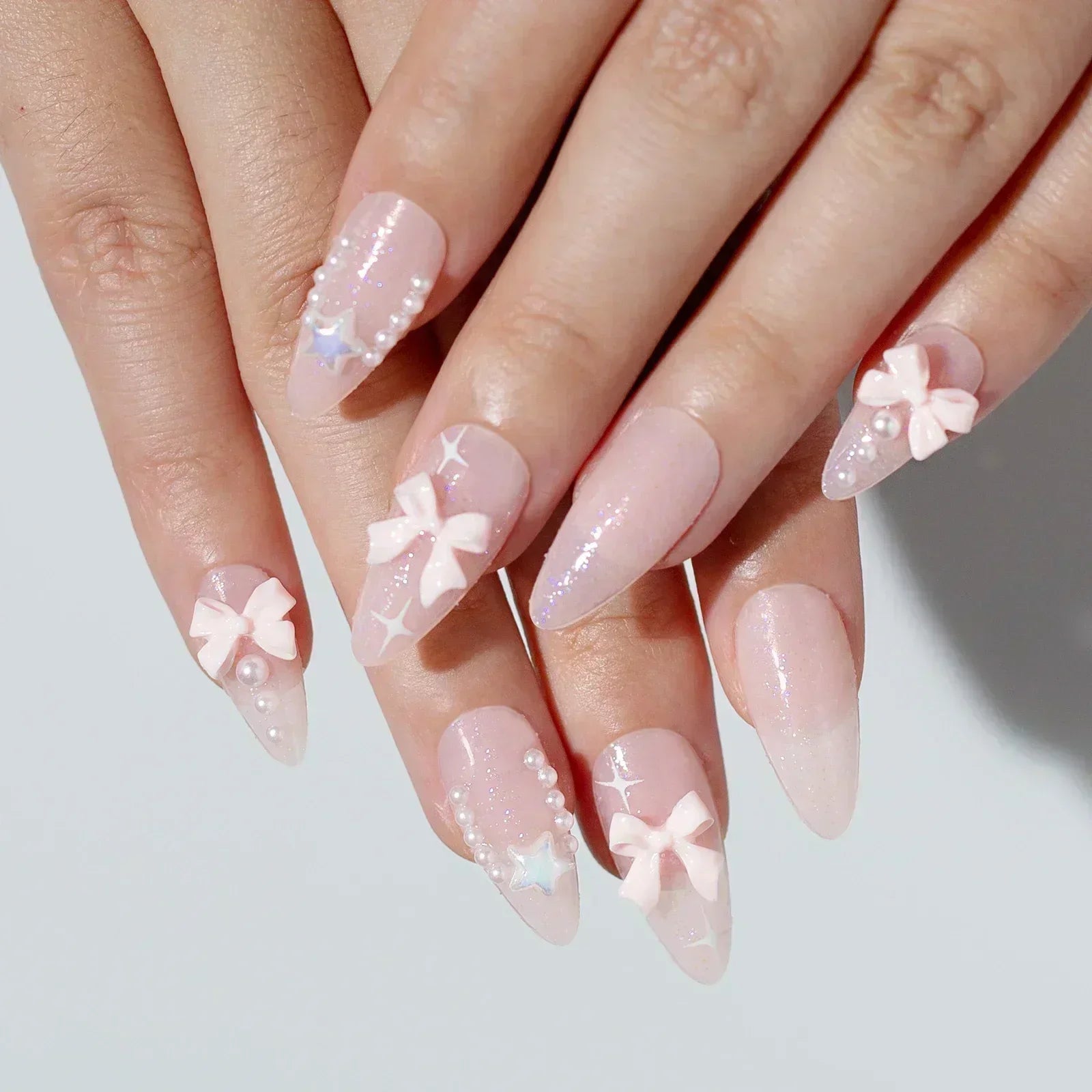 Hnewly 24Pcs Pink Almond French Press on Nails With 3D Bow ripple charms Design Fake Nails Ballerina False Nails Full Cover Nail Tips