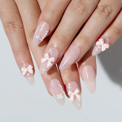 Hnewly 24Pcs Pink Almond French Press on Nails With 3D Bow ripple charms Design Fake Nails Ballerina False Nails Full Cover Nail Tips