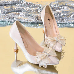 Hnewly Rhinestone Bowtie Pointed Toe Women's Pumps New Spring Satin Bridal Wedding Shoes Shallow Woman Pumps Stiletto Red