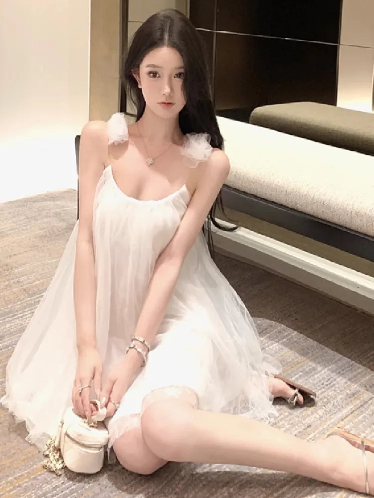 Hnewly  Woman Dress Sleeveless Slash Neck Flowers Backless French Style Chic Sweet Elegant Mini Dresses Female Casual Party