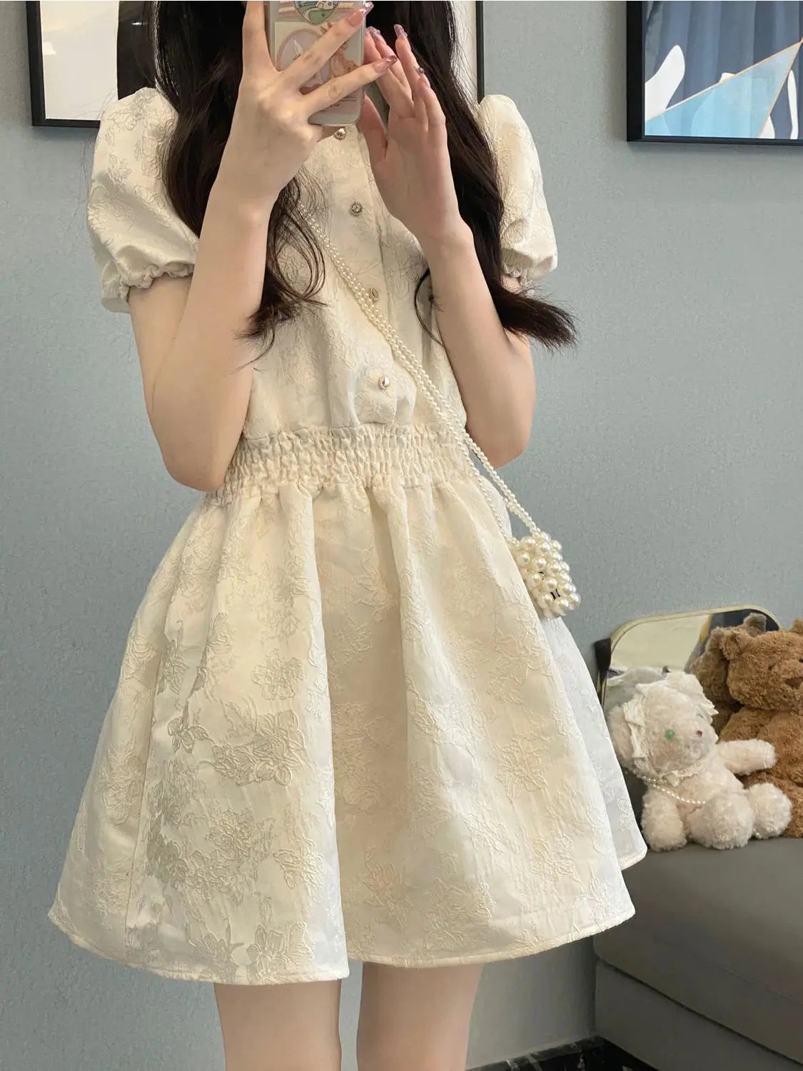 Hnewly  New Fashion Doll Collar Short Sleeve Fashion Chic Chinese Style White Dress in Summer