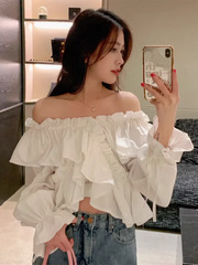 Hnewly Off Shoulder Ruffles White Shirt Women Flare Sleeve Sexy Cropped Slim Blouse Korean Fashion Slash Neck Female Elegant Tops