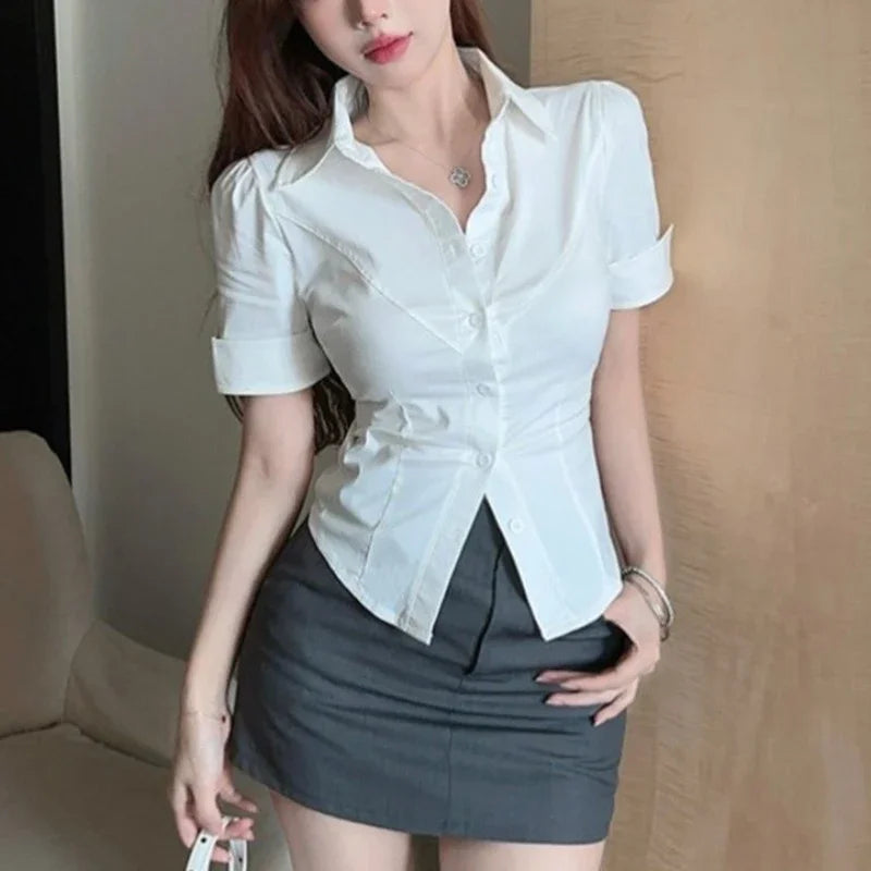 Hnewly  White Sexy Slim Fit Blouse Women Summer Waist Slimming Turn Down Collar Cropped Shirts Woman Y2K Fashion Button Up Crop Tops