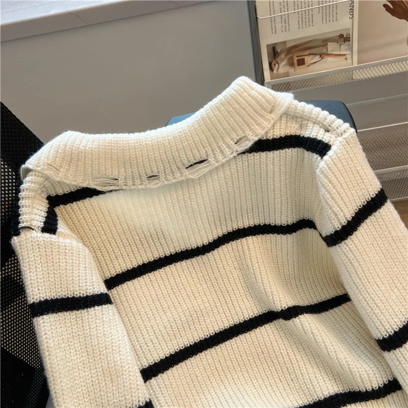 Hnewly  Short Sweater Women's Autumn Winter 2025 New Stripe Hollow Out Fashion Star Letter Knitwear Long Sleeve Top Thicked Pullover