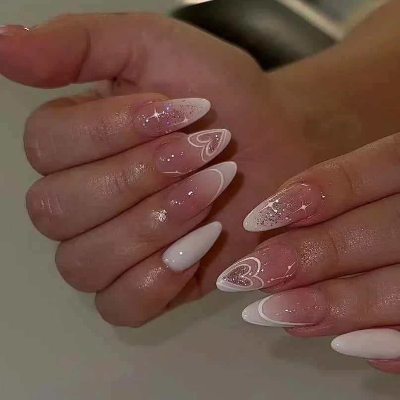 Hnewly 24Pcs Cat Eye Press on Nails with Almond Head Bow Diamond Stick on False Nail Sweet Pink French Full Cover Artificial Nails Tips