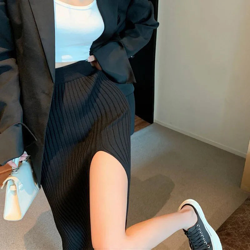 Hnewly skirt outfits winter Sexy Split Bodycon Long Skirt Women Elegant Slim Fit High-Waisted Knitted Skirts Woman Autumn Winter Package Hip Midi Skirt