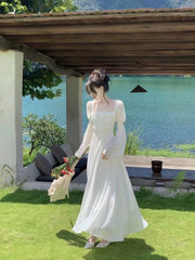Hnewly  Spring Summer Women Elegant French Square Neck Long Sleeve Maxi Dress A Line Pleated Long Dress Chic Ladies Party Prom Gown
