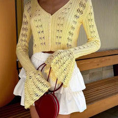 Hnewly  Spring Knitted Cardigan Female Solid V-Neck Hollow Out Short Knitted Top Fashion Casual Loose Commuter Female T-Shirt
