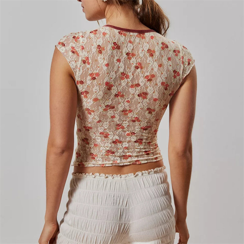 Hnewly Sheer Crop Top 2000s Women Sexy See Through V Neck Sleeveless Floral Lace Tanks Slim Fit Vest y2k Aesthetic Clothing