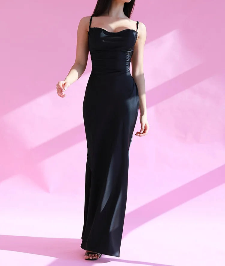 Hnewly Elegant Satin Slips Backless Solid Bandage Sexy Bodycon Maxi Dress Summer Women Clothes Evening Party Birthday Vacation