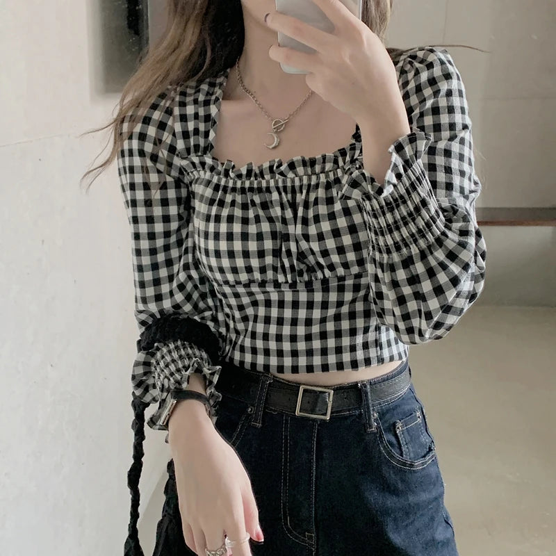 Hnewly Long Sleeve Blouse Women Sexy Ladies Sweet Square Collar Plaid New Design Korean Fashion Slim Casual Edible Tree Fungus Hot Sale