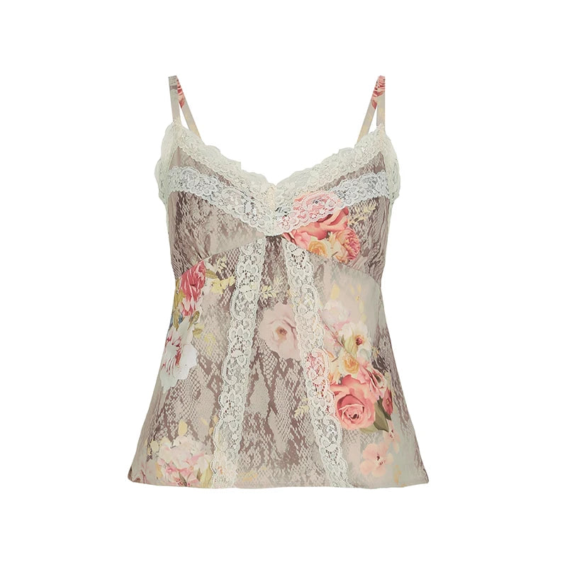 Hnewly Vintage Floral Print Strap Top Retro Y2k Lace Stitching V-neck Crop Tops Women Summer Casual Tees Aesthetic Harajuku Chic