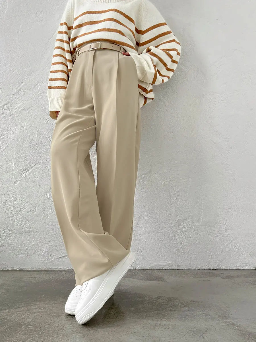 Hnewly Office Ladies Trousers Women High Waist Full Length Pants Female Pleated Wide Leg  Solid OL Pants for Women