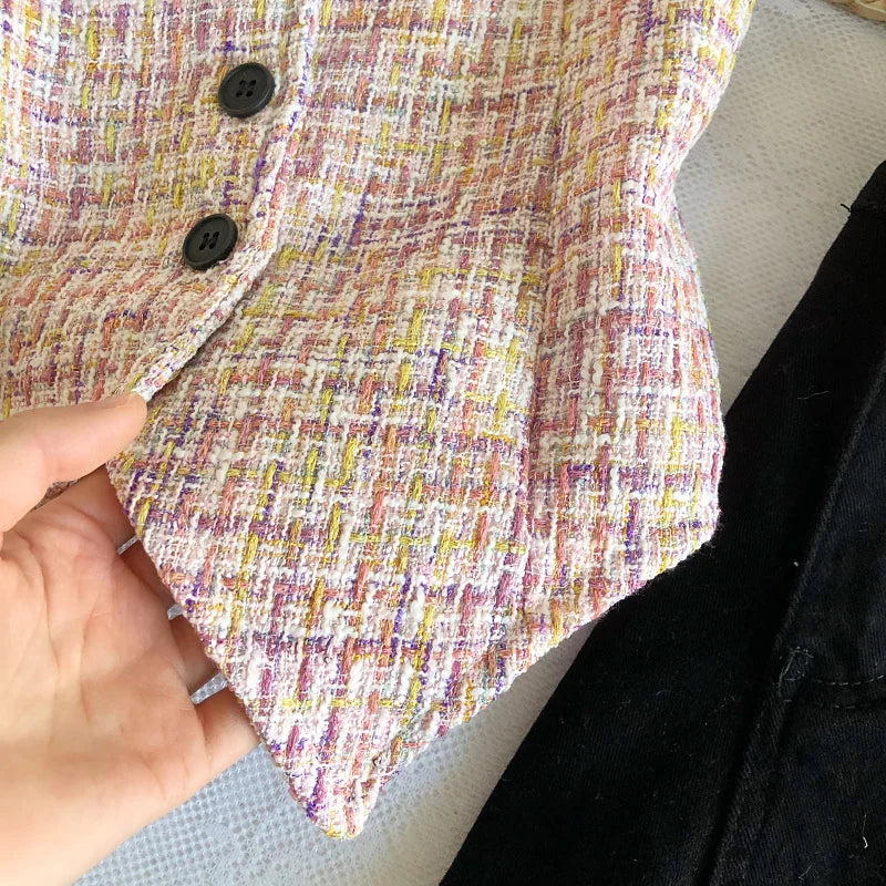 Hnewly  Retro Tweed Vest Elegant Off Shoulder Strapless Slim Irregular Short Top Women's Spring Summer Single Breasted Sleeveless Tank