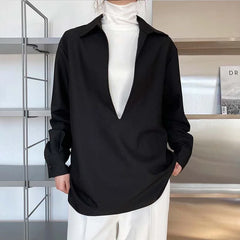 Hnewly V-neck Blouses Women Tops Shirt Retro Corduroy Solid Loose Simple Office Ladies Korean-style Leisure Elegant Comfortable