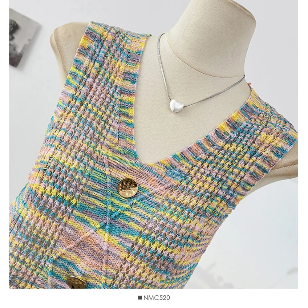 Hnewly  Retro Colored Striped Camisole Vest Women's 2025 New Summer New Sleeveless O-neck Knitted Shirt Elegant Hollow Out Short Top