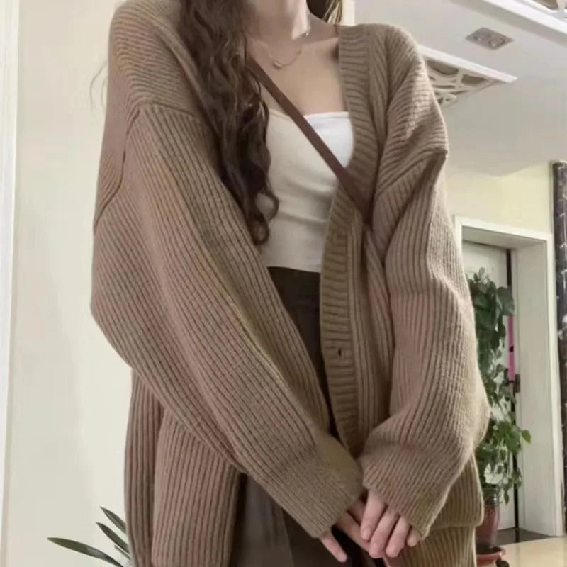 Hnewly Autumn Winter Women Cardigan Sweater Coats Fashion Female Long Sleeve V-neck Loose Knitted Jackets Casual Sweater Cardigans