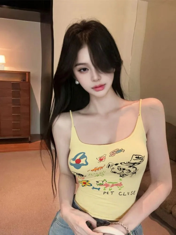 Hnewly  Sexy Camis Women Sweet Cartoon Printed Slim Backless Summer Fashion 2025 Crop Tank Tops Party Clubwear Casual Top