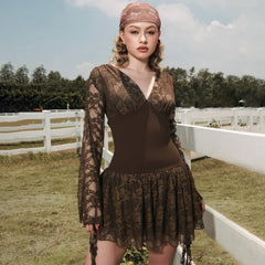 Hnewly  Sexy Lace A-Line Dress Women Spicy Girl Style Long-Sleeved V-Neck Slim Splicing High-Waisted Mini Dress Autumn Winter New