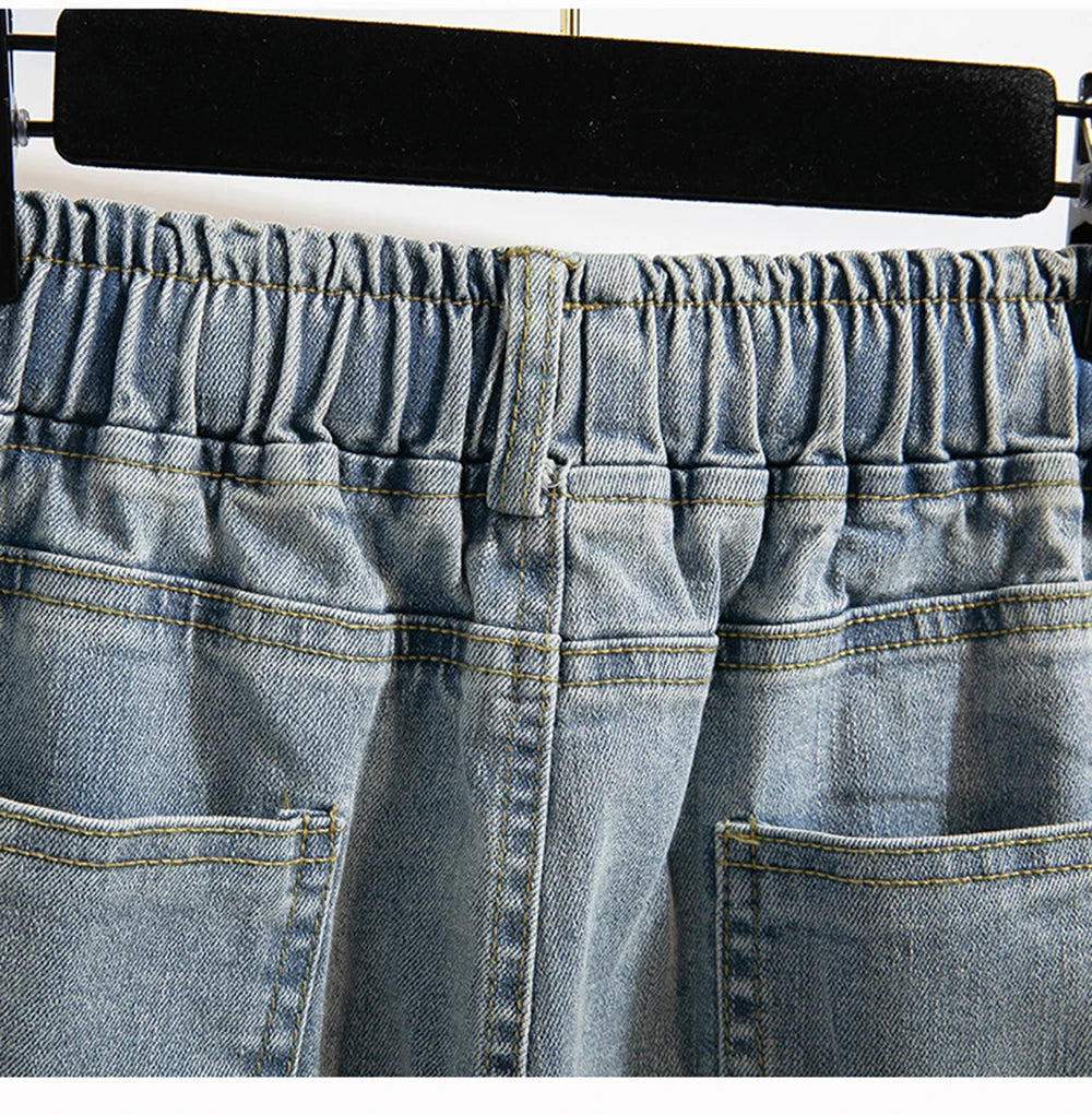 Hnewly XL-5XL Oversize Jeans Women's High Waisted Drawstring Wide Leg Denim Pants 2025 New Spring Autumn Loose Straight Leg Mop Pants