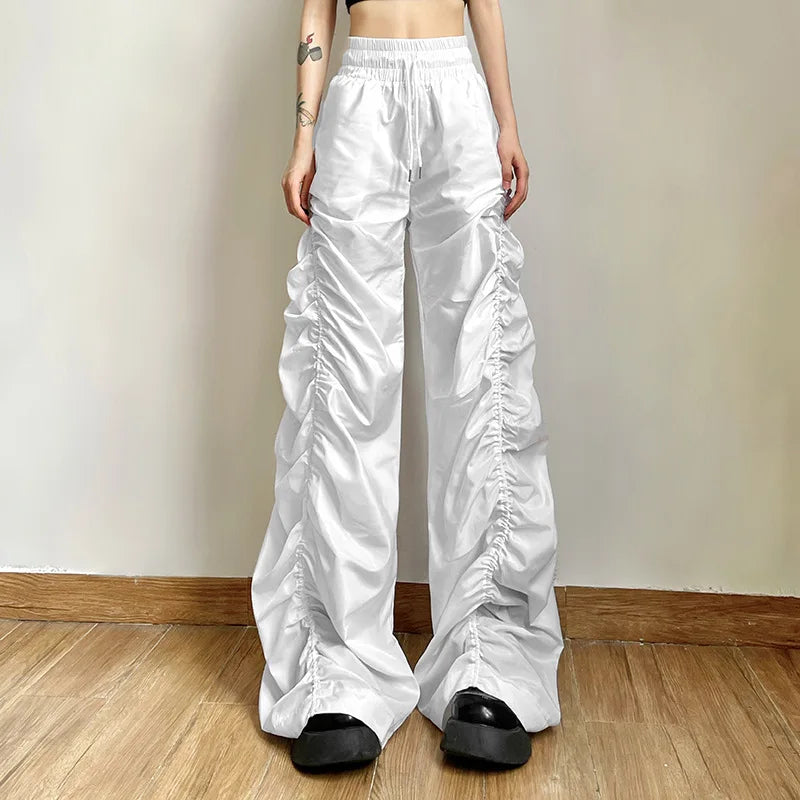 Hnewly  Casual Sweatpant Pleated Women Drawstring Elastic High Waist Cargo Wide Leg Pant Retro Y2k Aesthetic Vintage Streetwear Jogger
