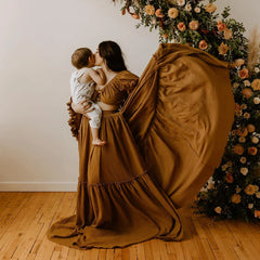 Hnewly  Bohemian Photo Shooting Pregnancy Dress Comfortable Cotton Pleated Sleeves Two-Piece Set Maternity Photography Dress Outfit