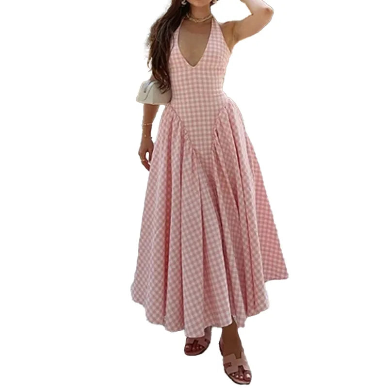 Hnewly Spring Women's Elegant Waist Hanging Neck V-neck Crimson Waist Dress
