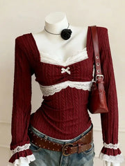 Hnewly  New Spring Vintage Slim Y2k T-Shirts Women Warm France Design Retro Lace Patchwork Thin Skinny Long Sleeve Hot Girl Tees