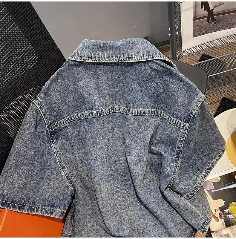 Hnewly  Retro Denim Jacket Women's 2025 Summer New Loose Versatile Short Sleeved Top Large Size Single Breasted Turndown Collar Shirt