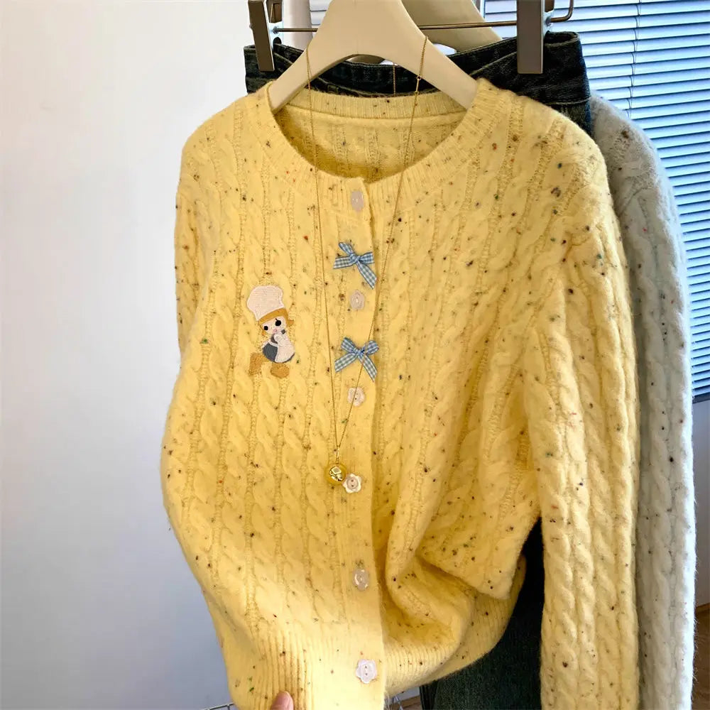 Hnewly  Korean Cartoon Embroidered Sweater Women Spring  Autumn New Soft Long Sleeved Knitted Cardigan O-neck Single Breasted Top