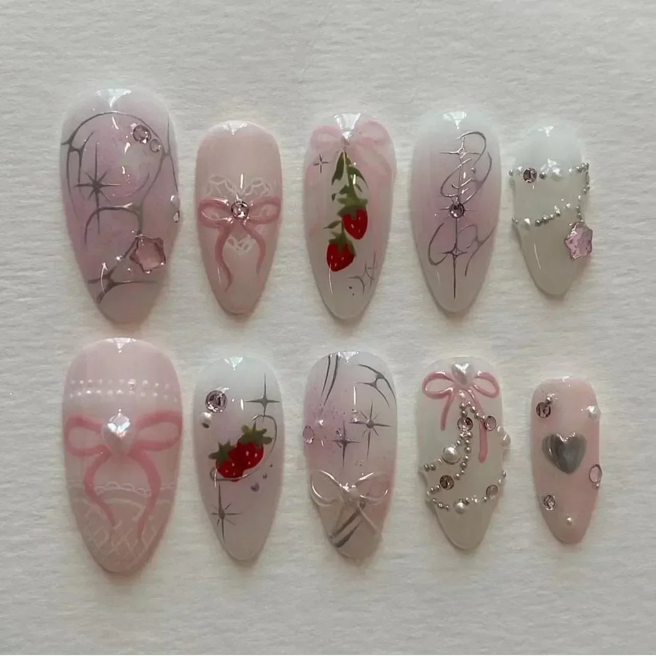 Hnewly 24Pcs Pink Almond False Nails Butterfly Ballet with French Design Wearable Fake Nails Simple Artificial Press on Nails Tips Art