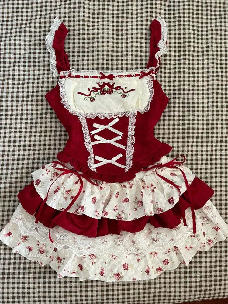 Hnewly  Vintage Slim Square Neck Print 2 Piece Set Women Sweet Cute Lace Bow Patchwork Tops Female + High Waist Short Skirt