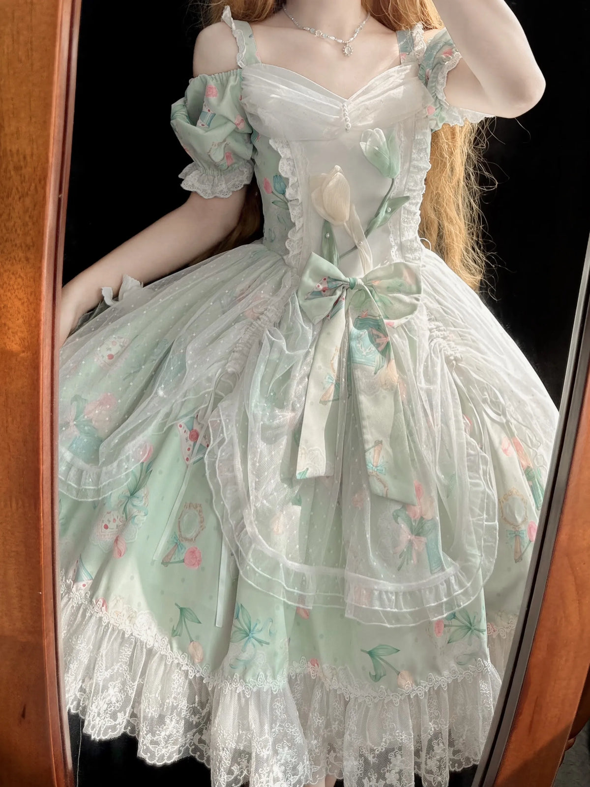 Hnewly  Summer Fairy Lolita Tulip's Printed Sling Dress Women Elegant Bow Lace Ruffles Off-the-Shoulder Princess Dresses In Stock