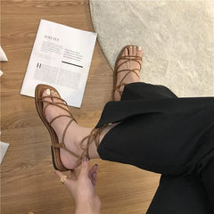 Hnewly Summer Slippers Women Sandals Narrow Vintage Square Toe Flat Cross Strap Thong Sandals V Shape Design Shoes Women Plus Size43