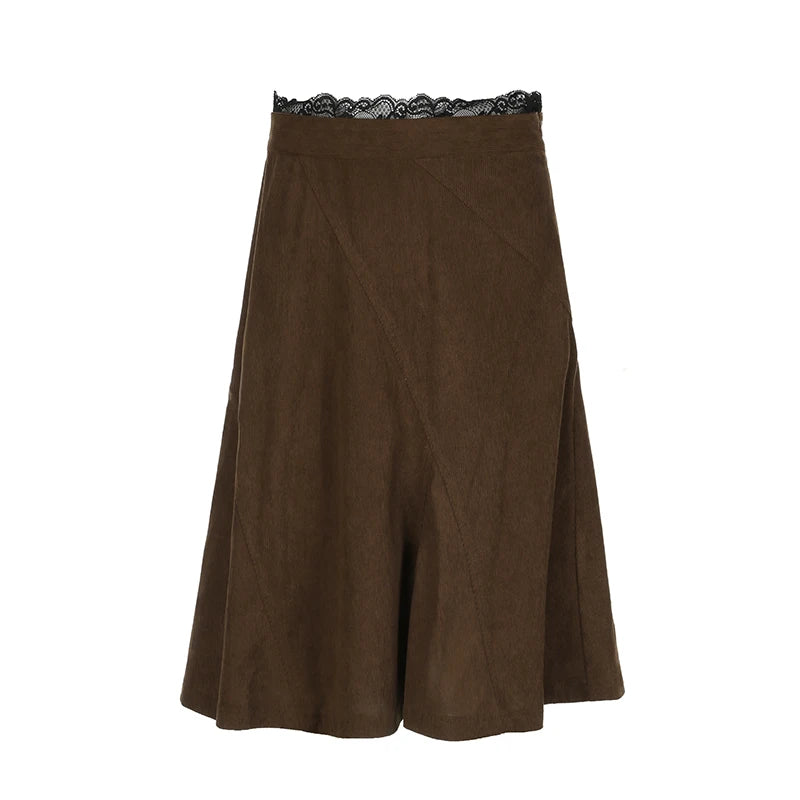 Hnewly Grunge y2k Brown Skirt Spring Autumn Retro Lace Stitching Low Rise A-line Midi Skirts for Women Vintage y2k Clothing Lady