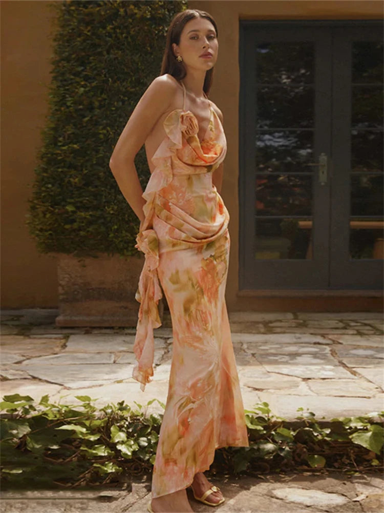 Hnewly  Tie-Dye Fashion Maxi Dress Women Applique Lace-Up Halter Ruffles Tassel Vacation Beach Party Ruched Elegant Vestidos