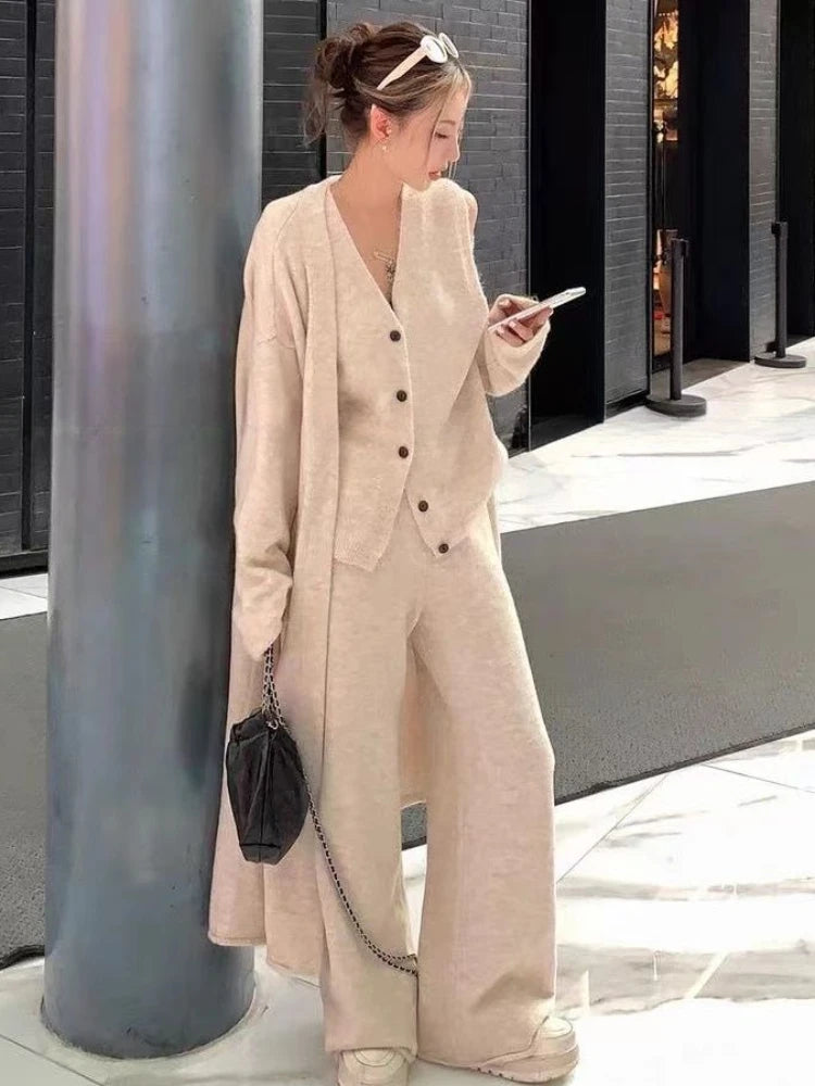 Hnewly Winter French Knitted Suits 3 Piece Set Women Casual Long Cardigan + Vintage Vest + Office Lady Long Pants Korean Fashion