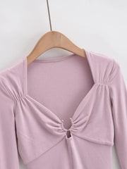 Hnewly  Long sleeve tops woman Summer outfit woman kawaii clothes t shirt for women flare sleeve top ruched t-shirts front ring