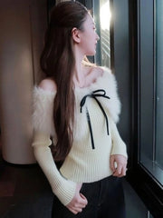 Hnewly  Y2k Aesthetic Furry Patchwork Slash Neck Sweater Women Harajuku Bandage Bow Pullover Autumn Vintage Bodycon Fairy Jumpers