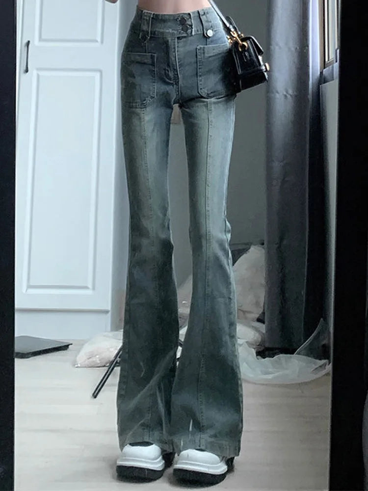 Hnewly Pockets Vintage High Waist Skinny Jeans Female Hong Kong Style Denim Bell Bottom Pants Spicy Girl Blue Oversized Boot Cut Jeans