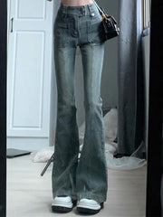Hnewly Pockets Vintage High Waist Skinny Jeans Female Hong Kong Style Denim Bell Bottom Pants Spicy Girl Blue Oversized Boot Cut Jeans